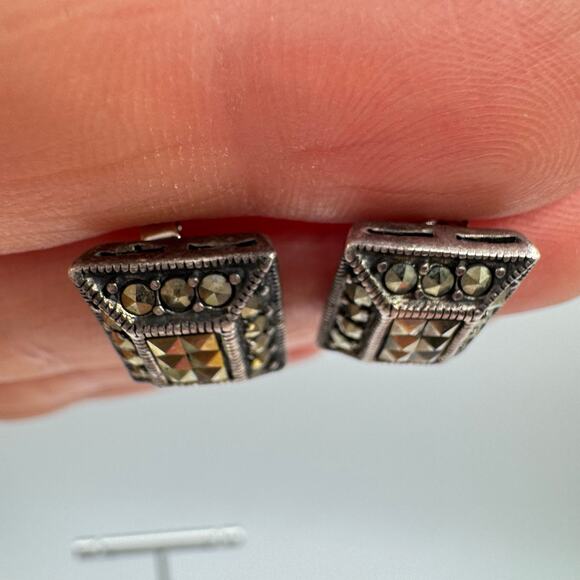 Marcasite Rhinestone 925 Silver Art Deco Revival Rectangle Earrings Tested - Picture 8 of 15